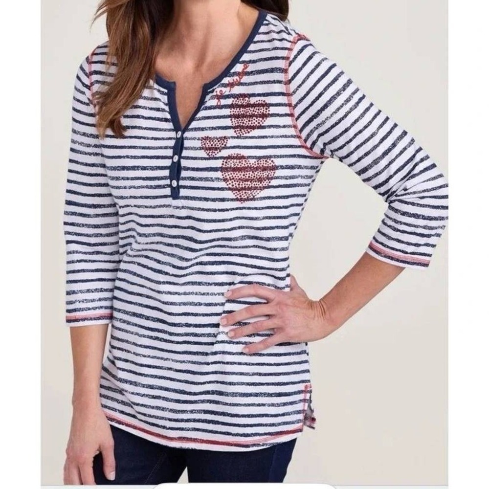 Soft Surroundings Lots of Love Knit Tunic Top Striped 3/4 Sleeve Je T'aime Heart